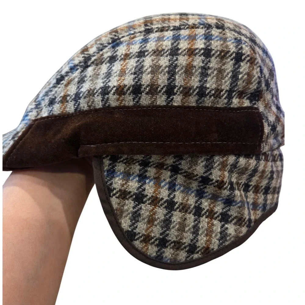 Houndstooth Newsboy Cap Brown Blue‎ Plaid Driving  Hat Ear Flaps Made In Italy